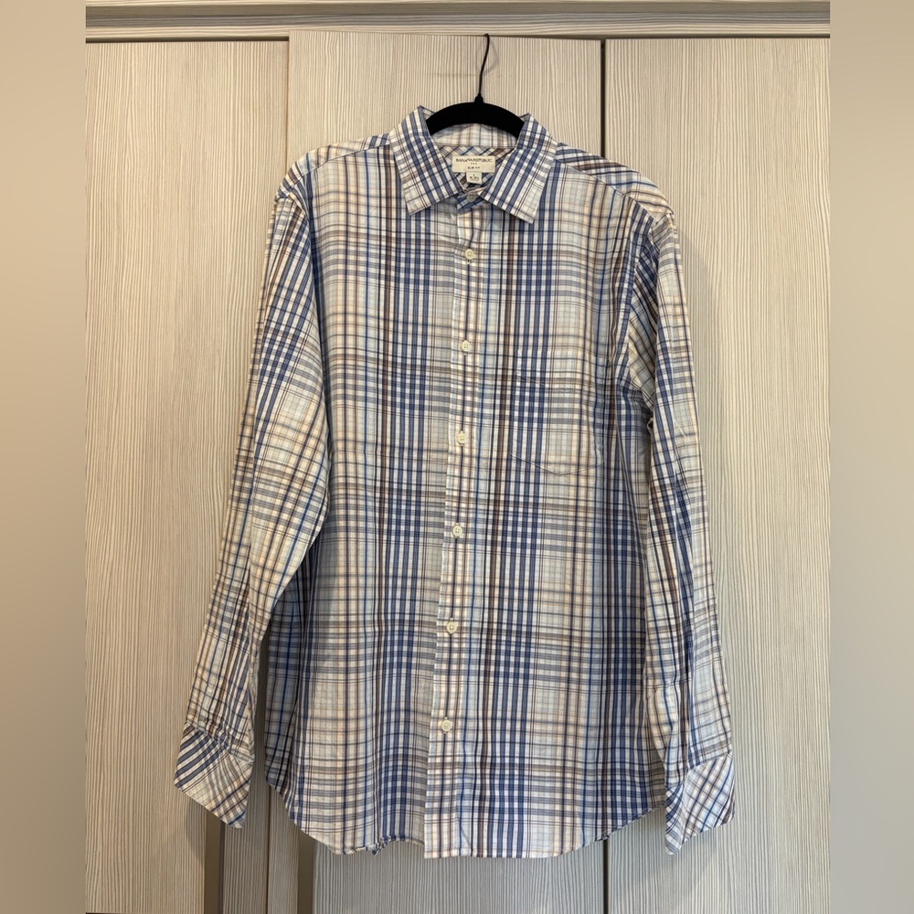 MEN'S SALE Banana Republic Slim Fit Plaid Dress‎ Shirt Blue White L 16-16.5